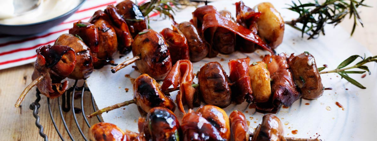 Mushroom and panchetta skewers