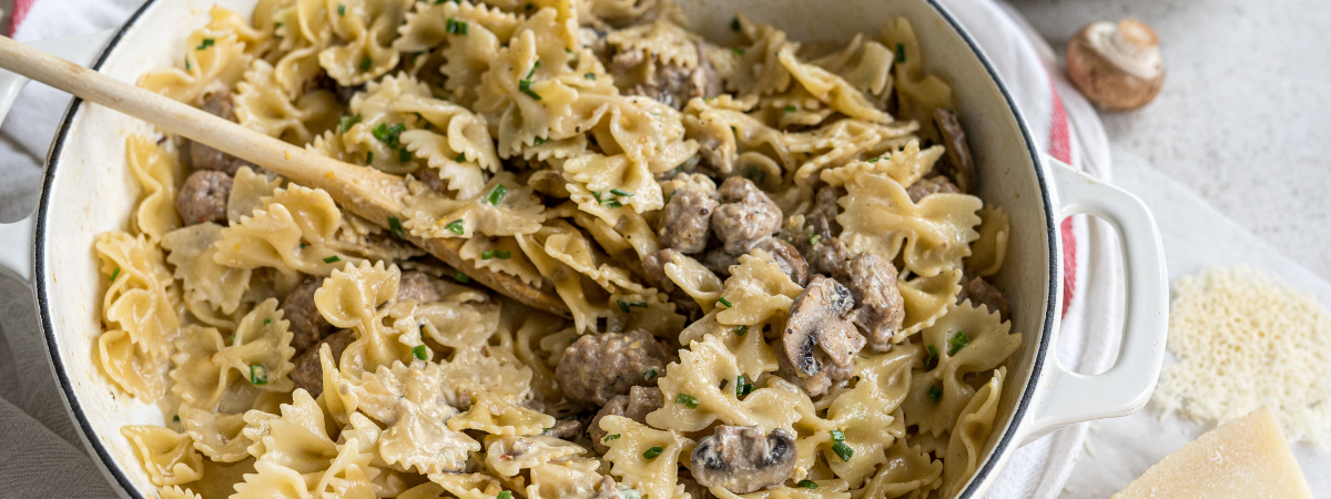 Creamy Mushroom & Pork Bow Ties with Parmesan Crisps